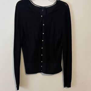 White + Warren Black Button Down Sweater with satin back